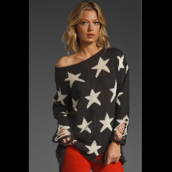 💥ICONIC💥Wildfox Seeing Stars Distressed Lennon Sweater in Vintage Dirty Black - Picture 6 of 12